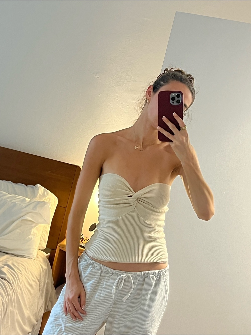 Twist-Front Ribbed strapless going out top - Cream. Xs.